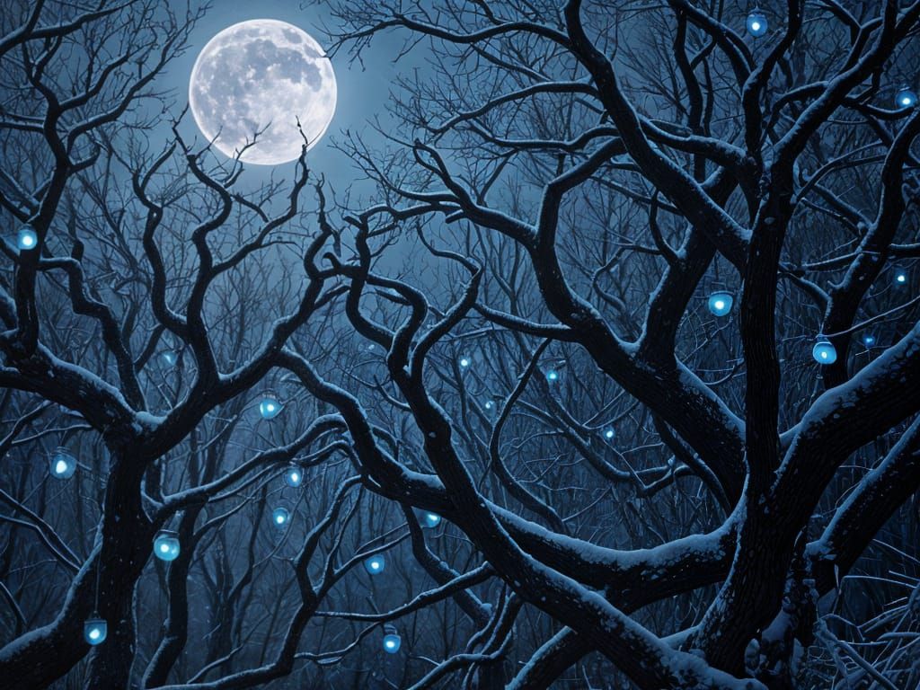 Gothic Winter Night: Skeletal Tree and Moonlit Spirits