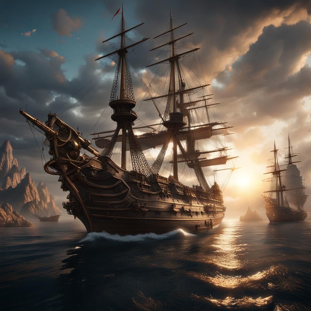 Grand Historic Ship Surrounded by Enemy Vessels