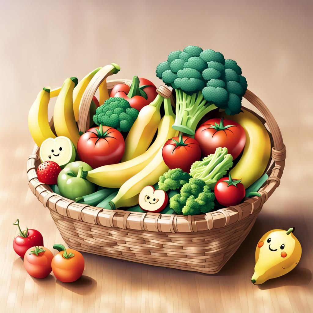 Chibi Style Smiling Fruits and Vegetables Basket