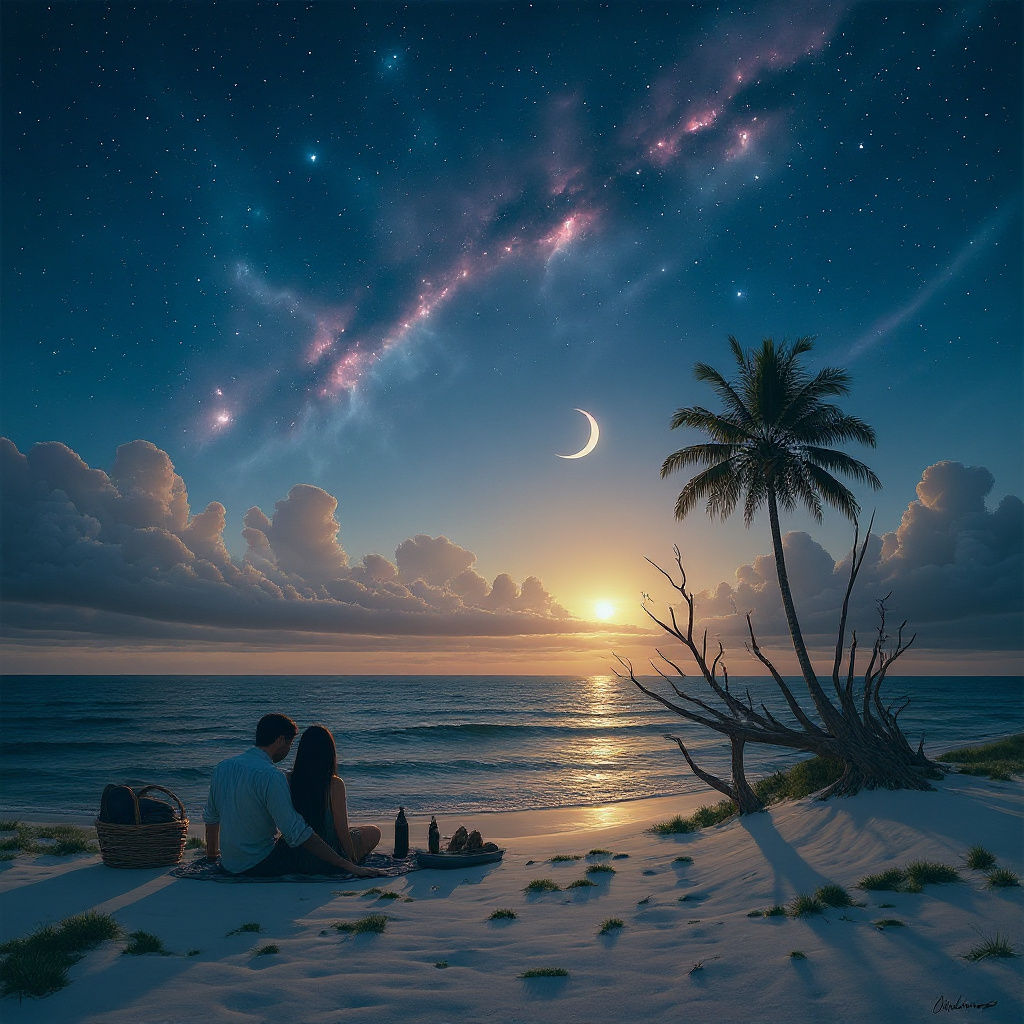 Couple Stargazing on Beach in Hyperreal Style