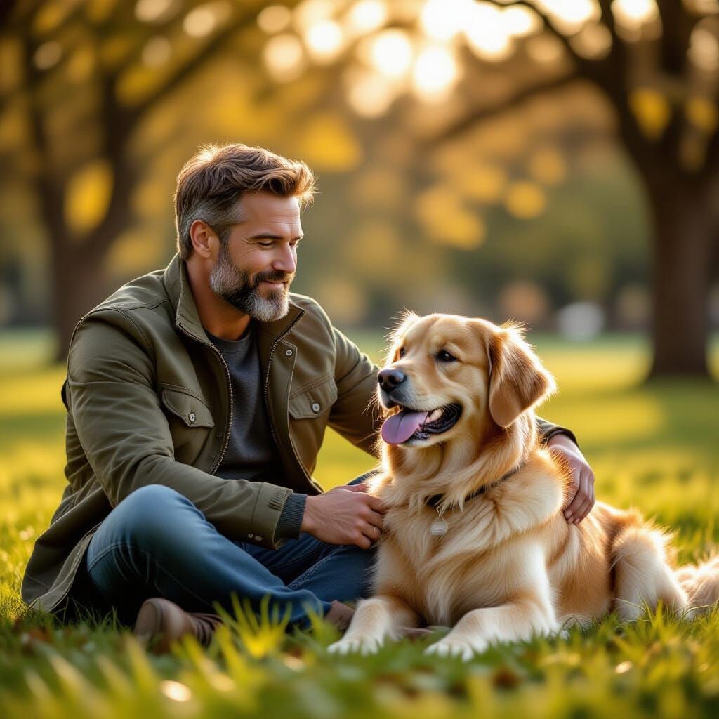 Attractive Man Plays With Golden Retriever in Serene Park