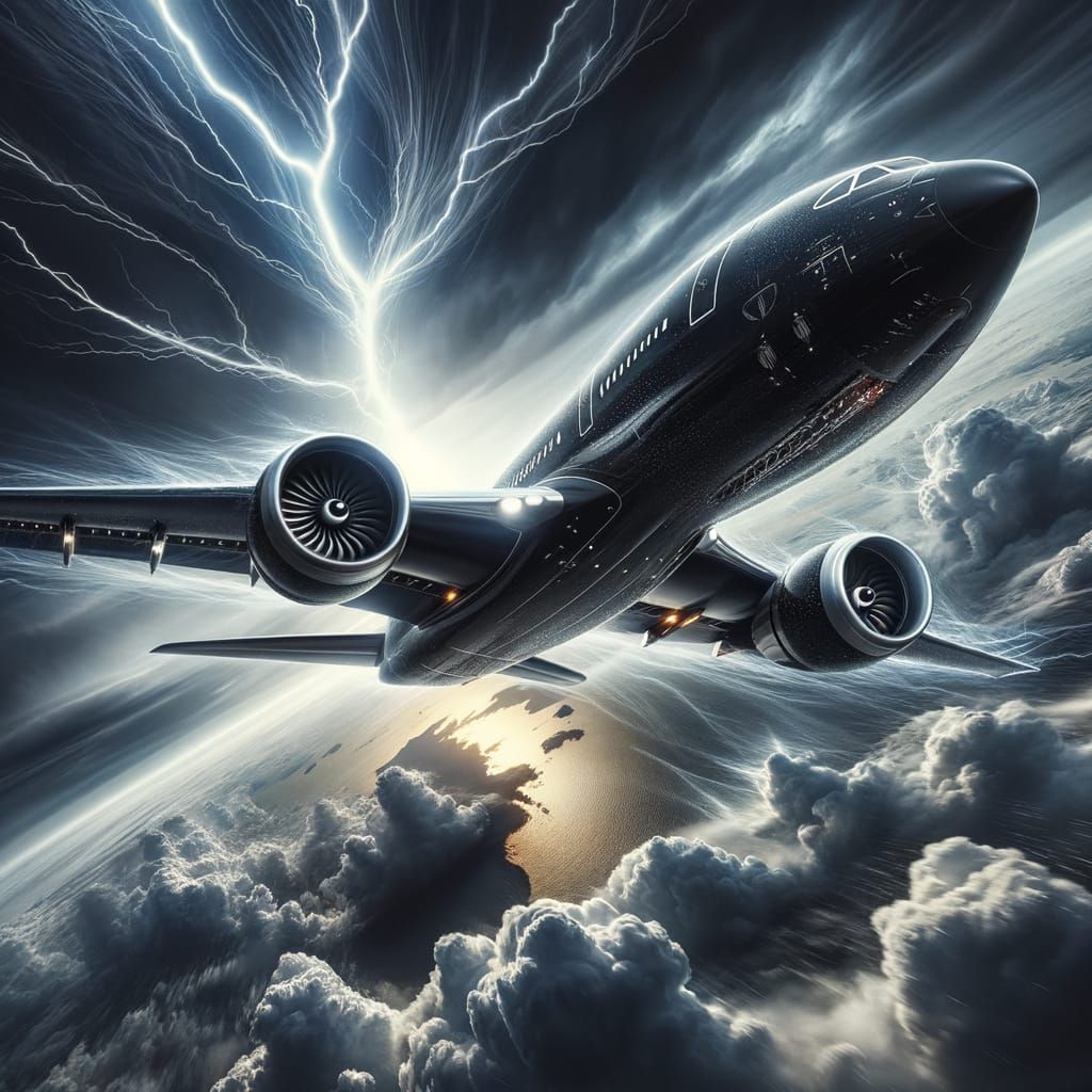 Sleek Black Stealth Aircraft Soaring Through Storm