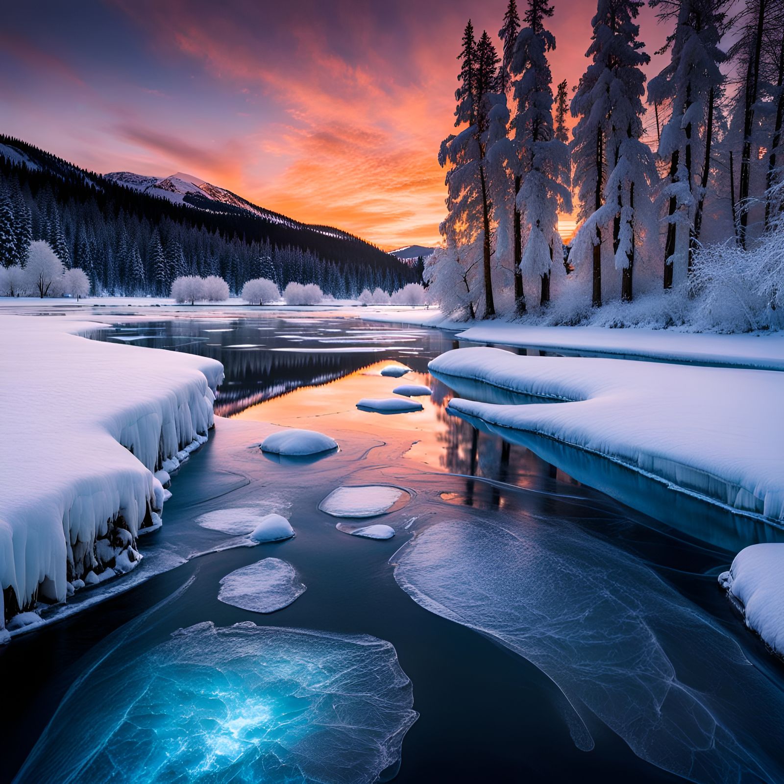 Frozen River Sunset: Magical Winter Wonderland