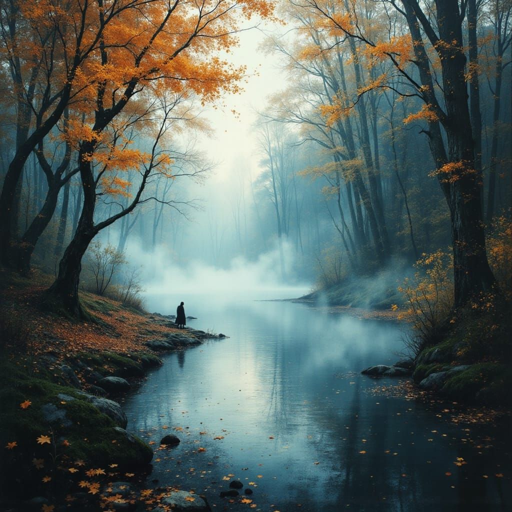 Enchanted Forest Lake in Thick Fall Fog