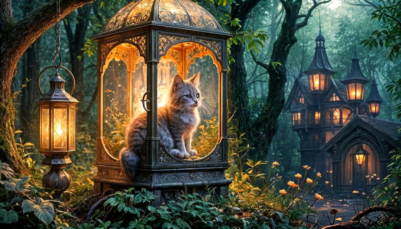 Glowing Fairy and Kitten in Lantern, Fantasy Art