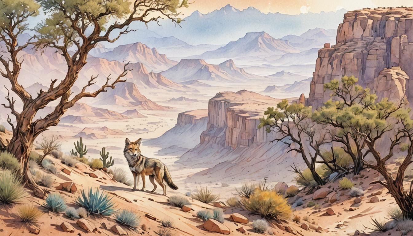 Sonora Coyote in Watercolor Comic Book Art