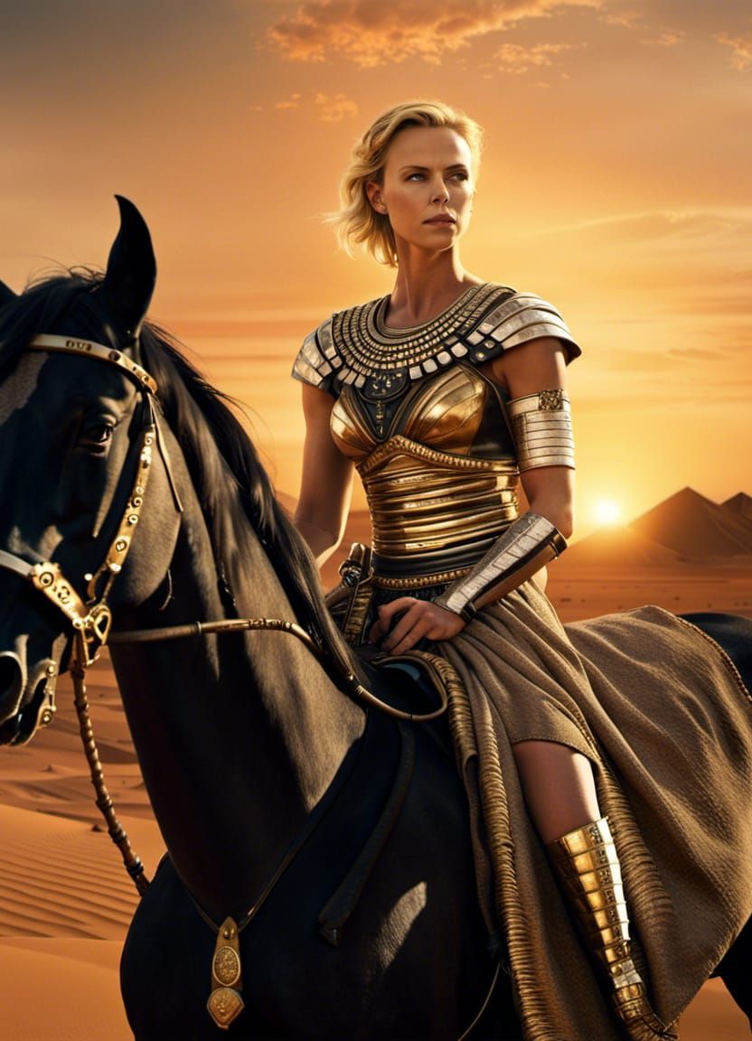 Egyptian Princess Warrior on Horse at Sunset