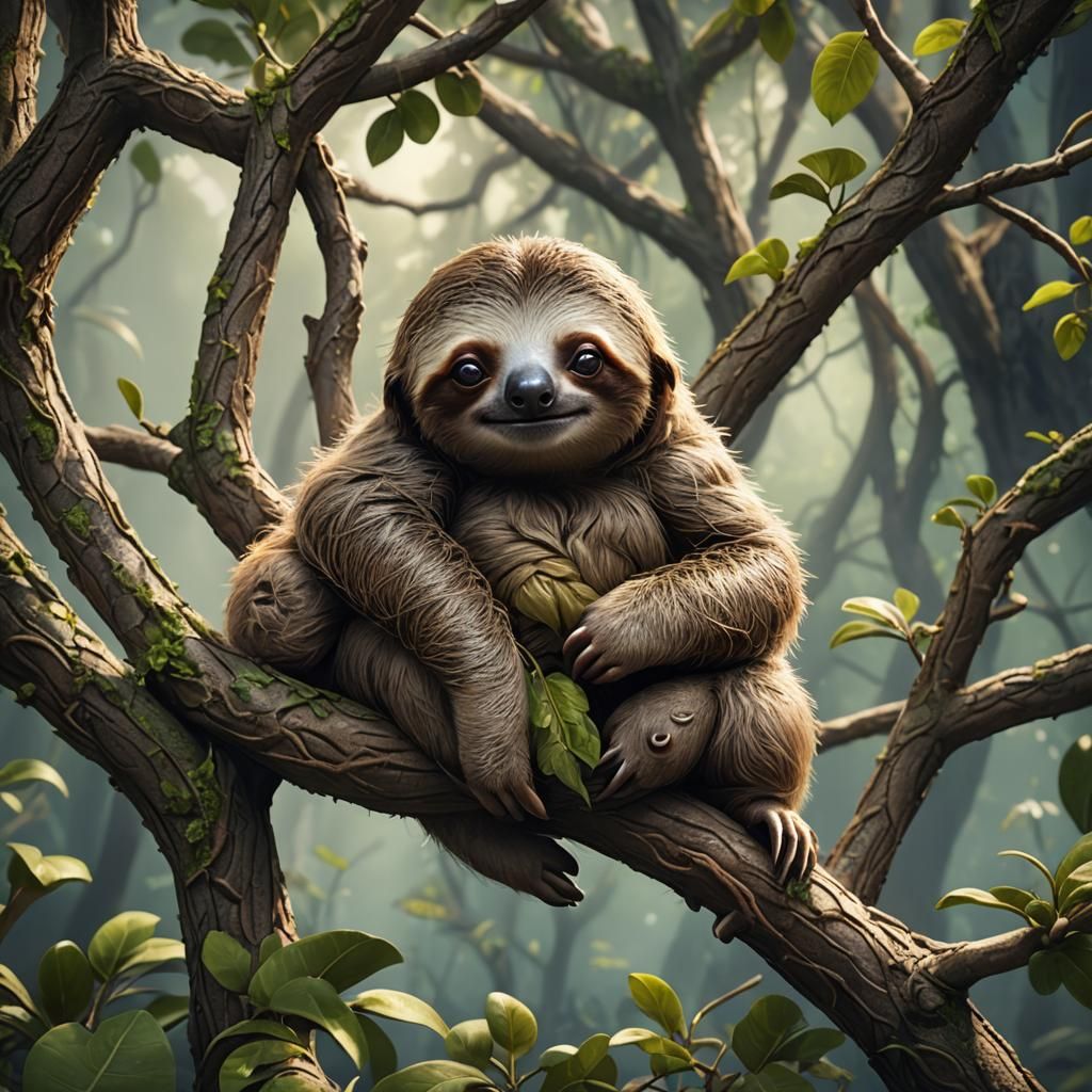 Adorable Sloth in a Tree: Detailed Digital Art