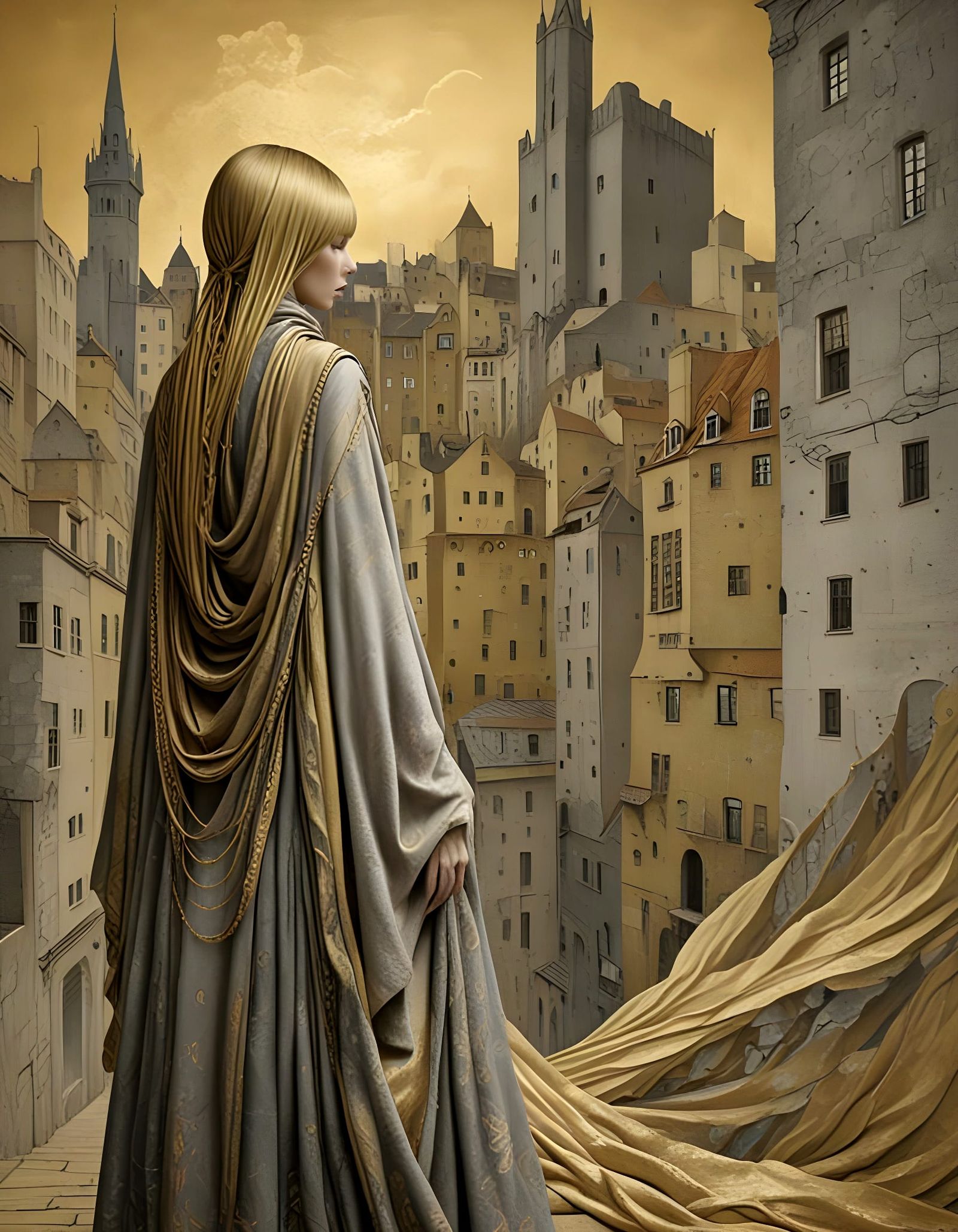 Ethereal Cityscape with Woman and Drapery in Dreamlike Style