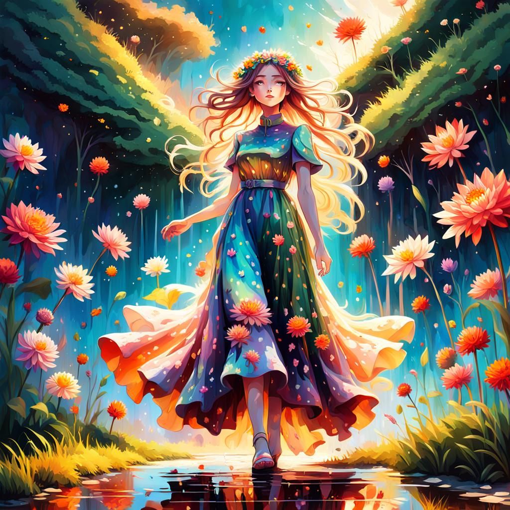 Dahlia Dress Girl in Vibrant Oil Painting