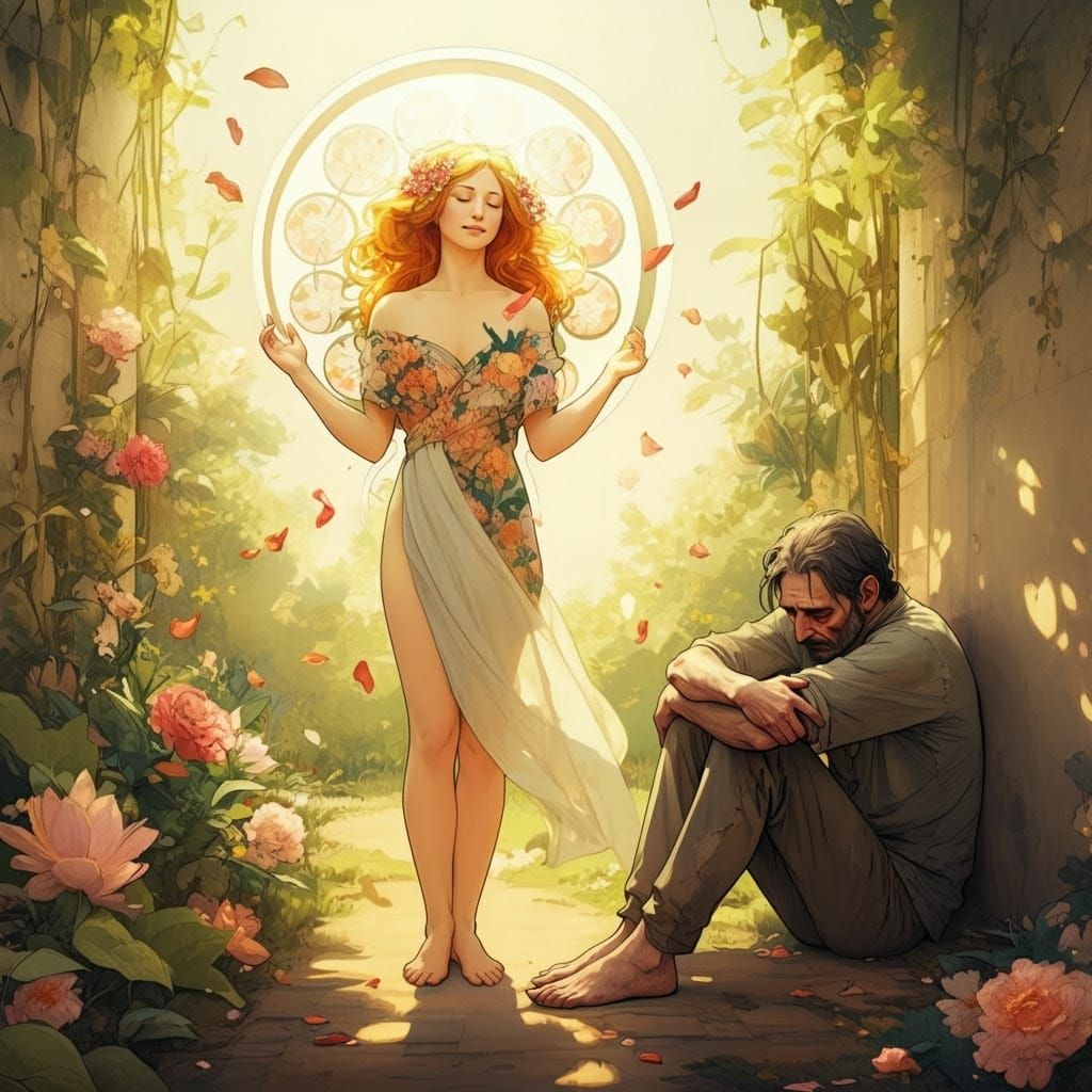 Radiant Woman in Sunlit Garden as Art Nouveau Painting