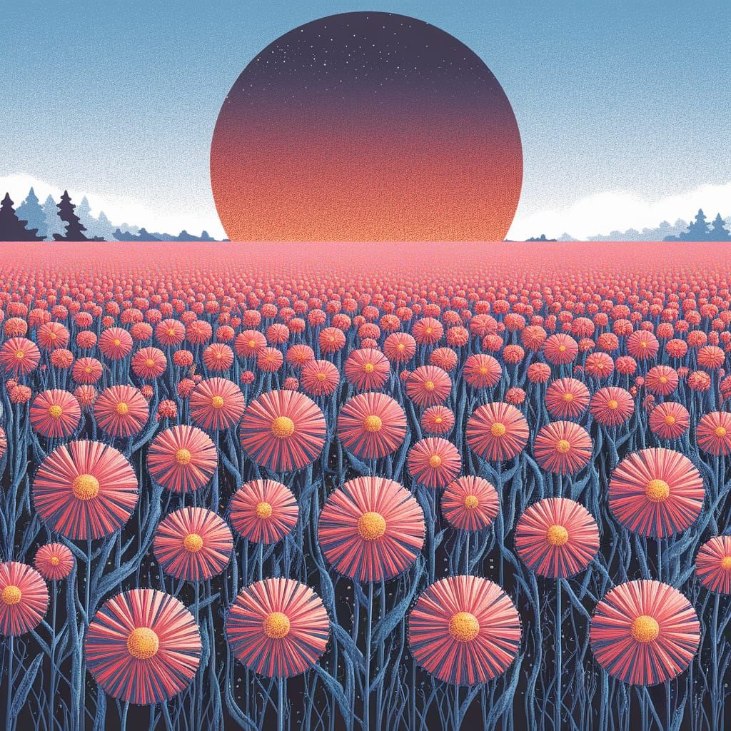 Abstract Floral Cyan Field with Stipple Texture