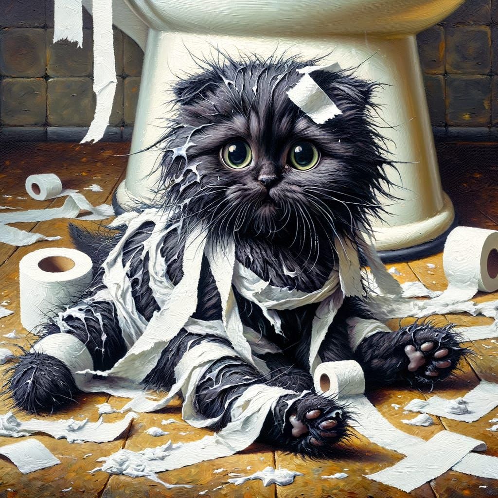Playful Kitten's Toilet Paper Mishap as Oil Painting