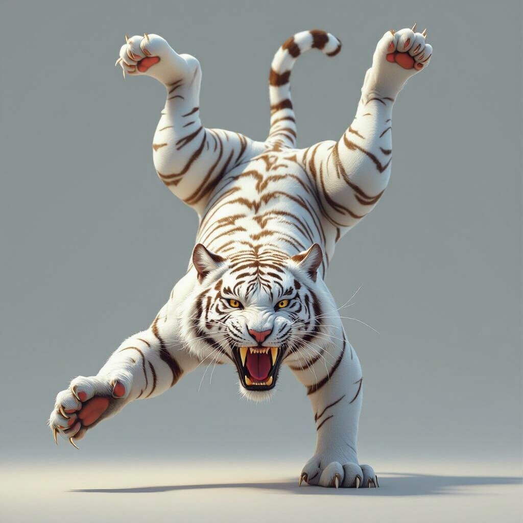 White Tigress Handstand: Hyperrealistic Animal Art