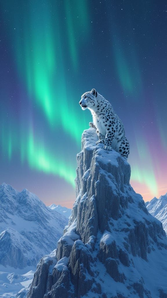 A Snow Leopard Perched on a Jagged, Ice-covered Mountain Pea...