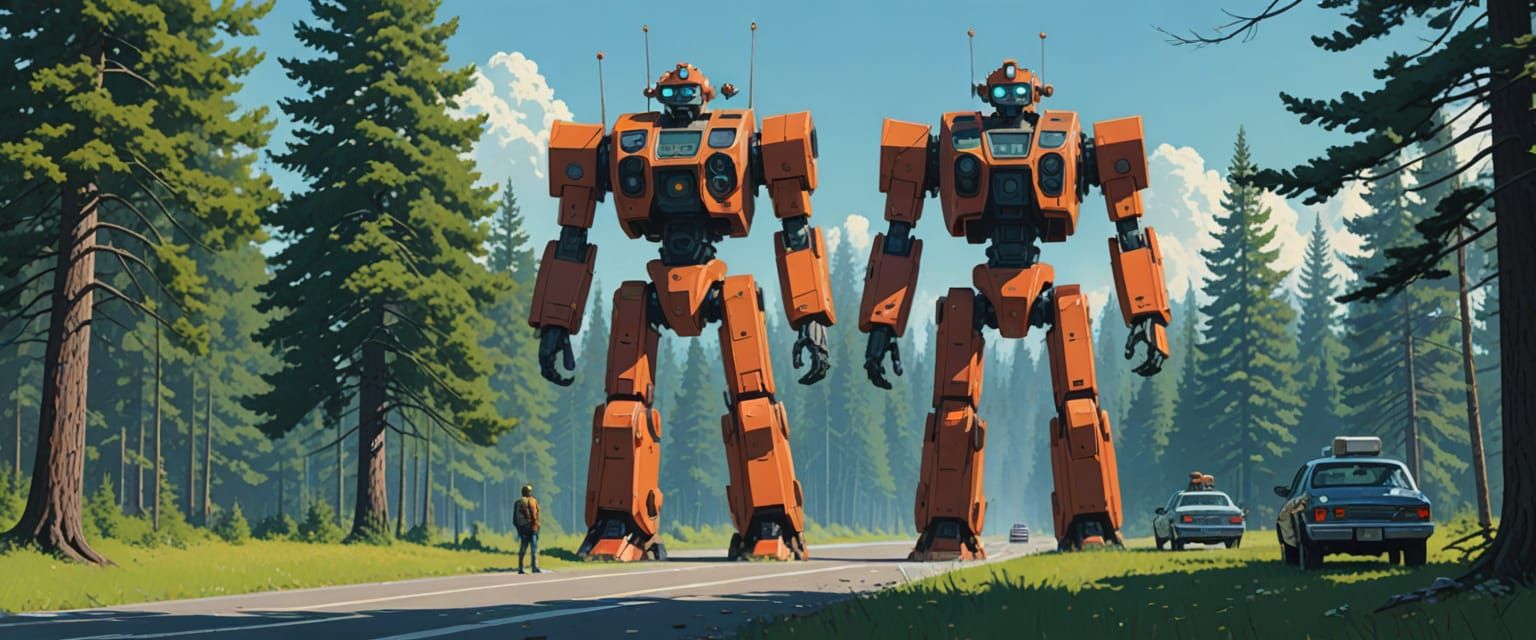 Giant Robots in a Bright Industrial Landscape with Towering ...