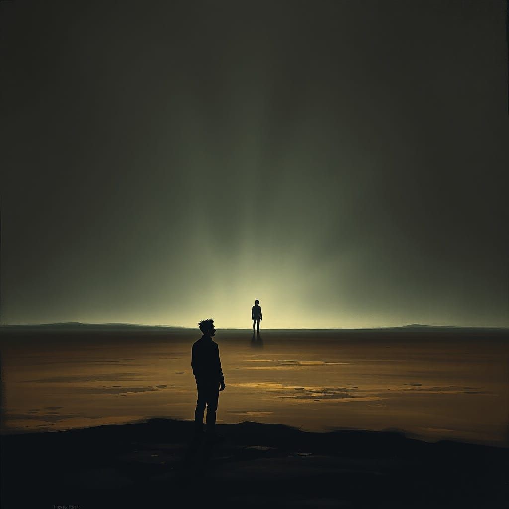 Lone Figure Watches Distant Shape Recede in Emotional Landsc...