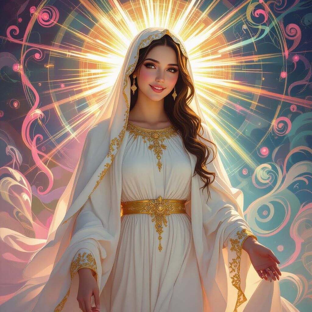 Blessed Mother Mary with Luminous Rays in Fantasy Art Style