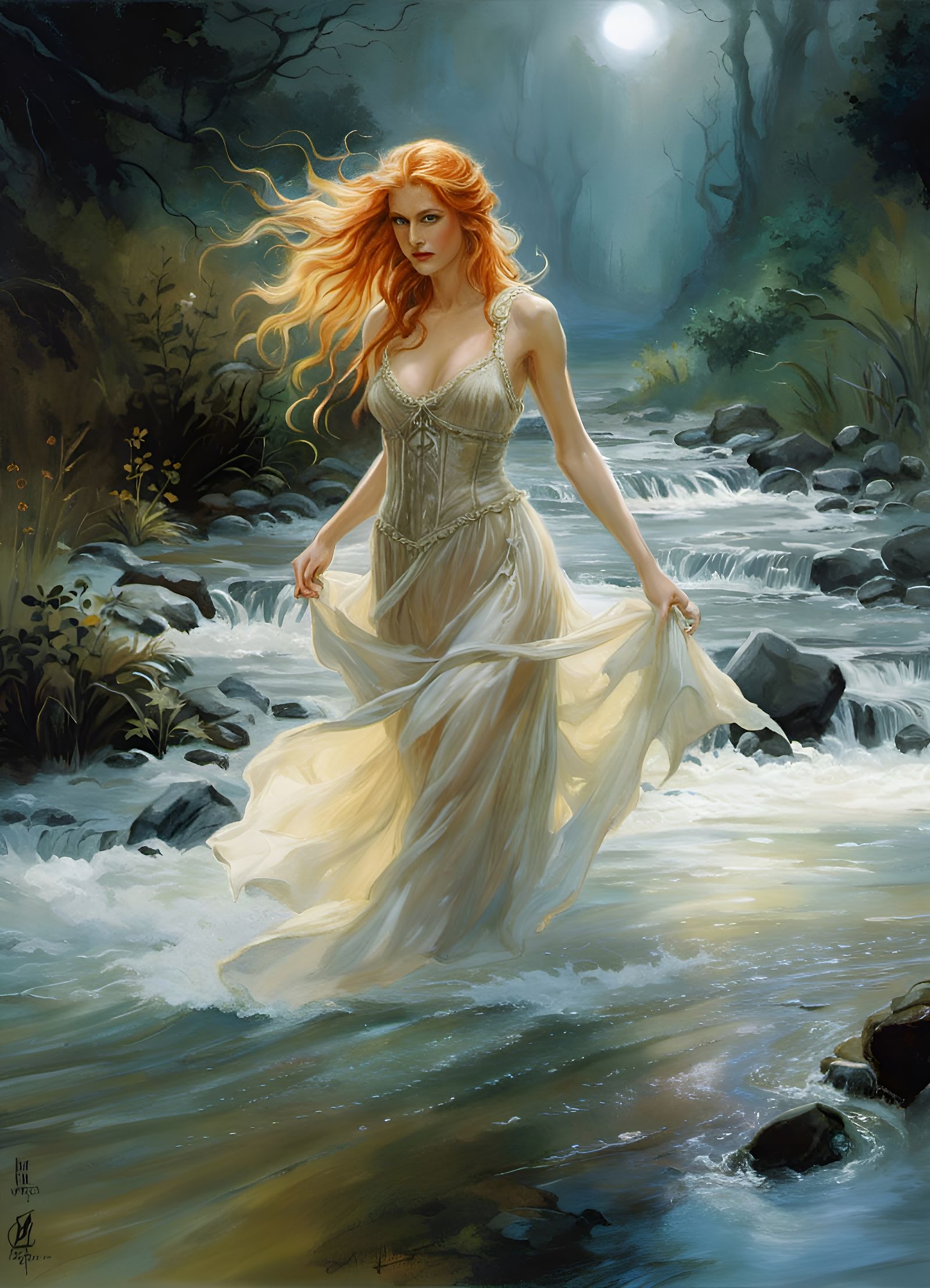 Ginger Woman Splashing in Stream, Hyperrealistic Digital Art