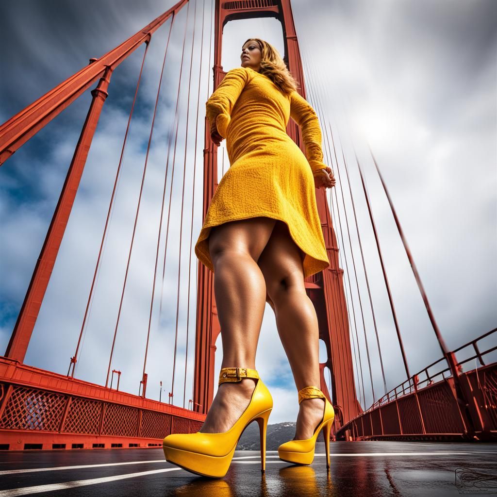 A giant, extremely tall woman in yellow heels kicks the golden gate bridge