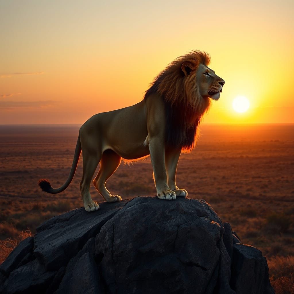 Majestic Lion Overlooking Savanna at Sunset