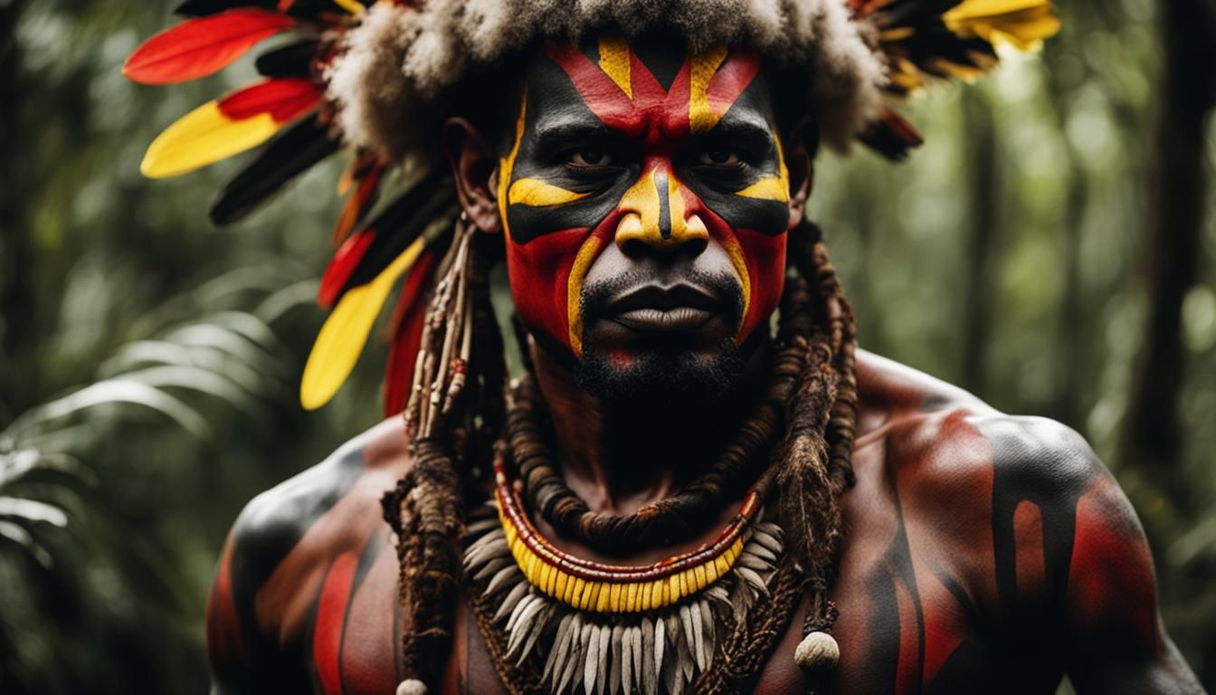 Tribal warrior, facing the camera, brown skinned, Papua New Guinean, Face Paint, red, yellow, black and white vibrant co...