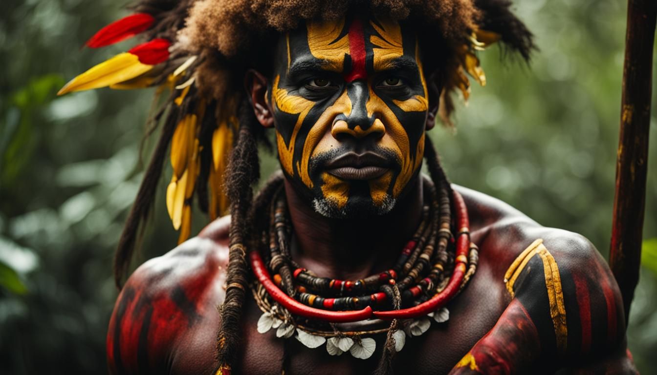 Tribal warrior, facing the camera, brown skinned, Papua New Guinean, Face Paint, red, yellow, black and white vibrant co...