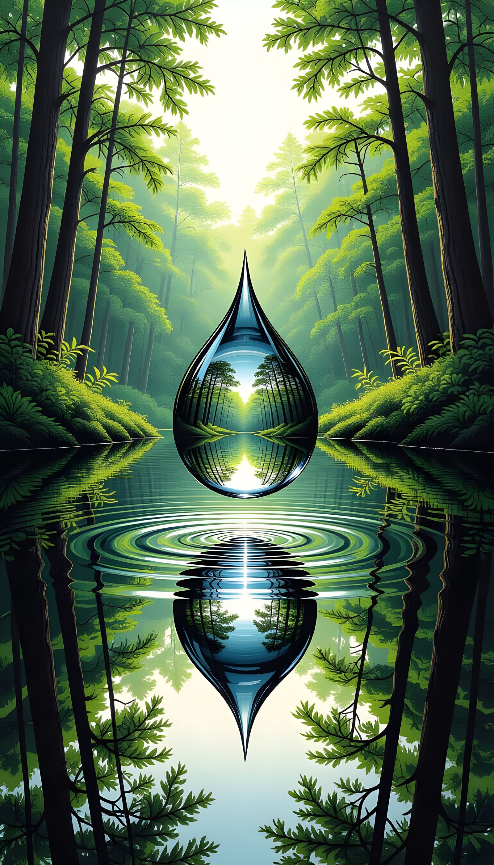 Hyperdetailed Charcoal Drawing of Water Drop Reflecting Fore...