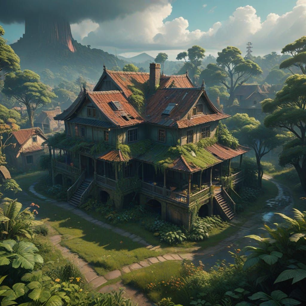 Surreal Suburban Realm with Overgrown Yards and Vast Sky