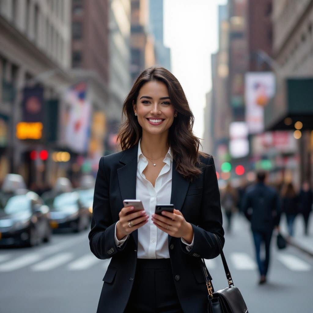 Woman Smiling on Bustling Manhattan Street in Cinematic Styl...