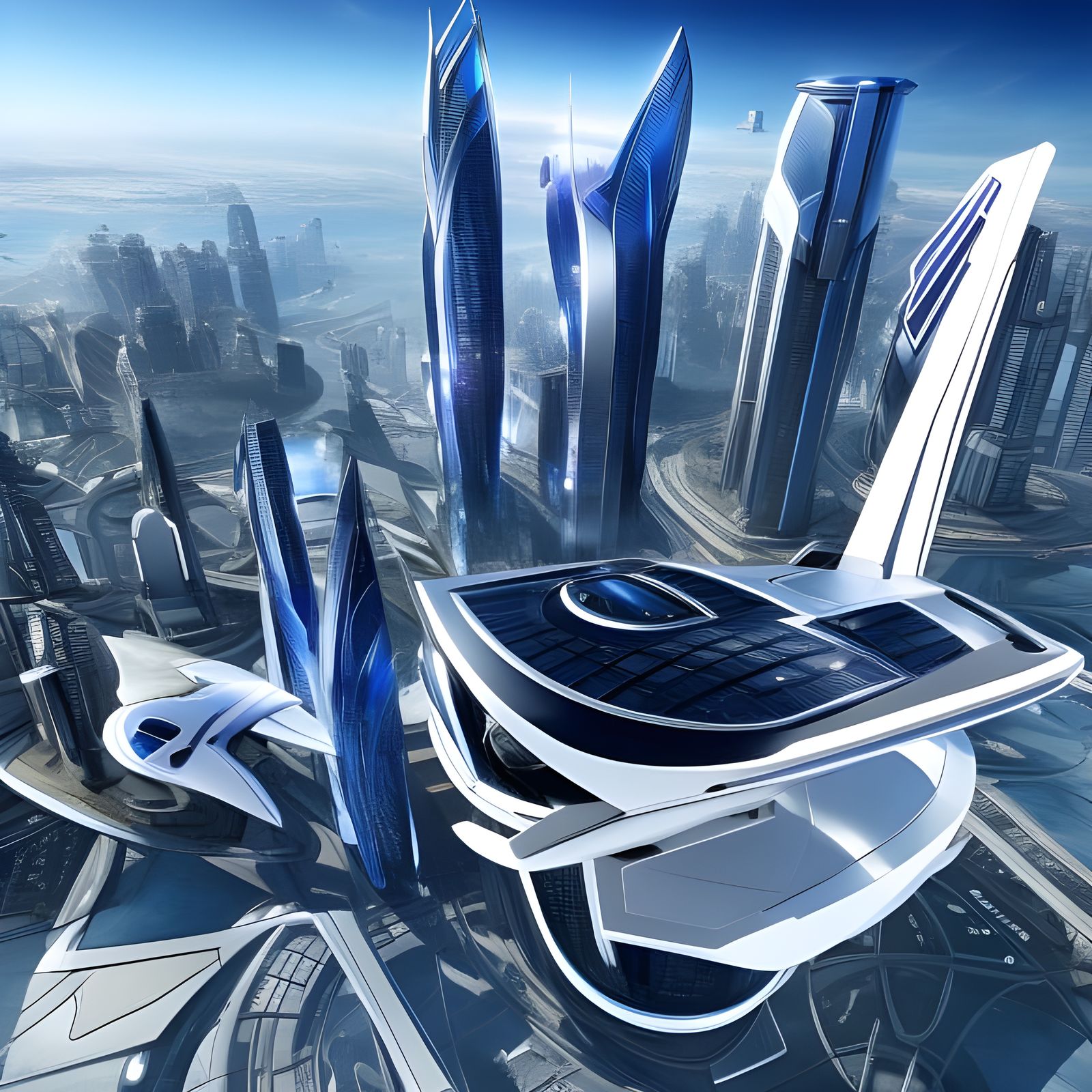 Futuristic City with Flying Vehicles and Glass Architecture