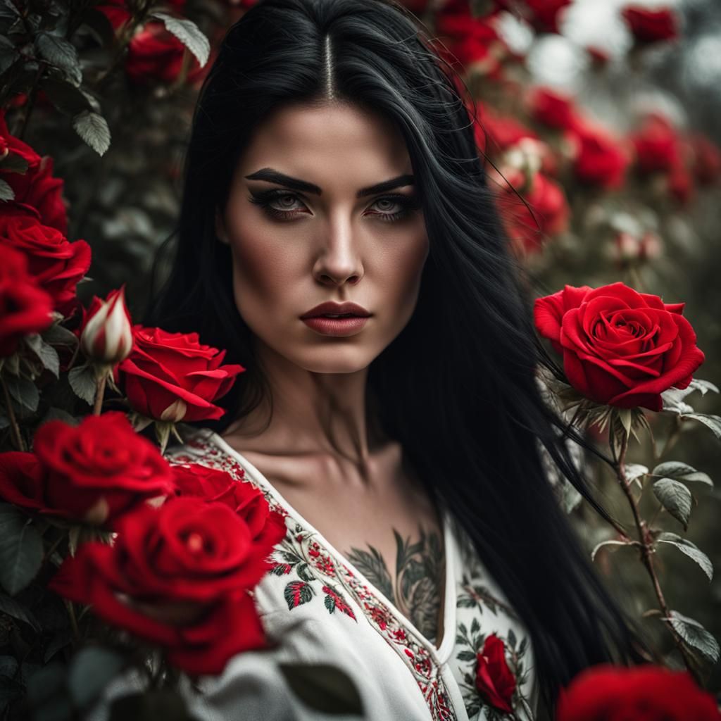 Mysterious Scandinavian Woman in Roses, Dramatic Lighting