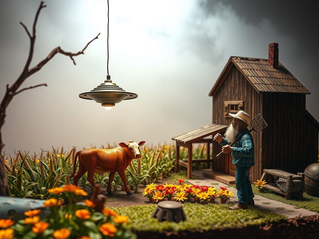 Surreal Collage: UFO, Farmhouse, and Angry Farmer
