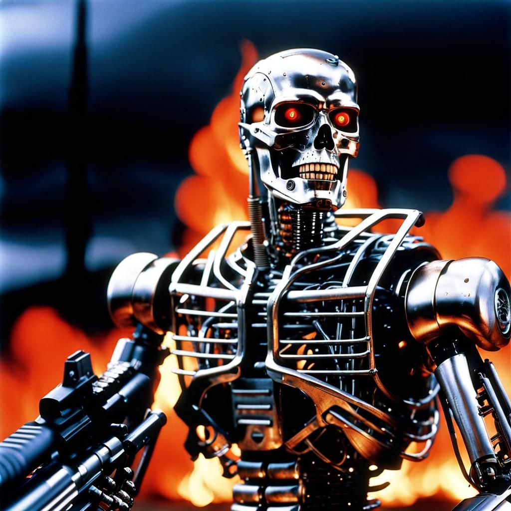 T-800 Terminator Robot with Shotgun in Photorealism