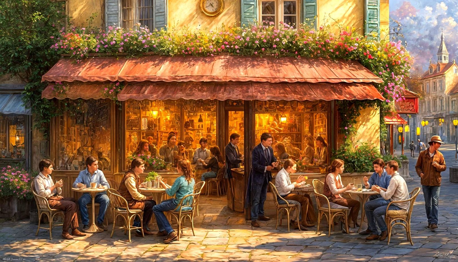 French Cafe Scene in Whimsical Oil Painting Style