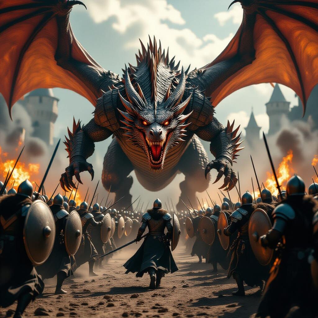 Knights Battle Colossal Fire Dragon in Cinematic Film Still