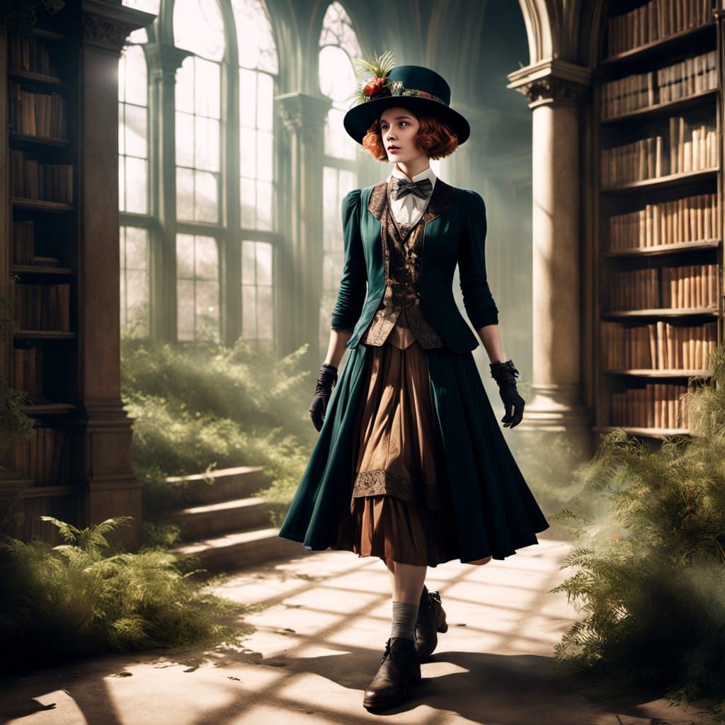 1920s Flapper Explores Overgrown Ruined Library