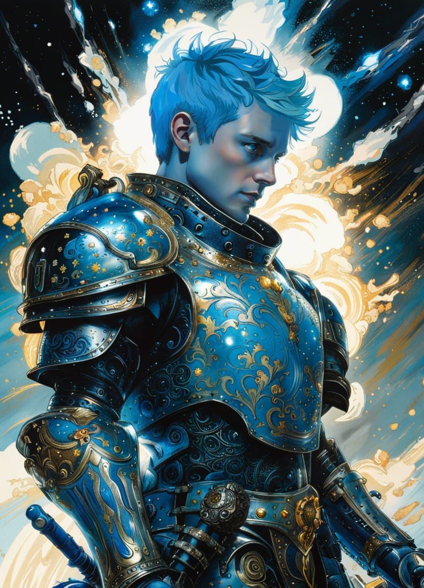 Celestial Knight in Bioluminescent Galaxy Armor