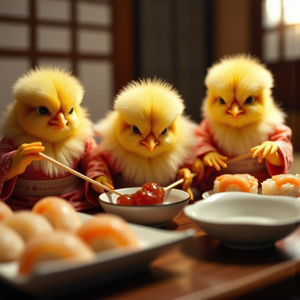 Chicks Master Sushi: A Hyper Photorealistic Miniature Scene