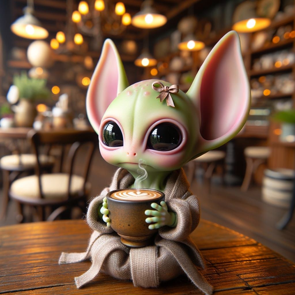 Pink-Skinned Alien Sipping Coffee in Rustic Cafe
