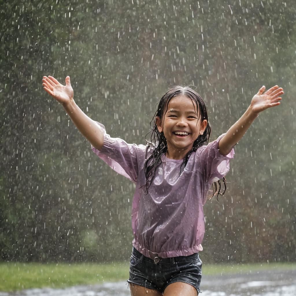 Joyful Wet Girl Smiling and Waving