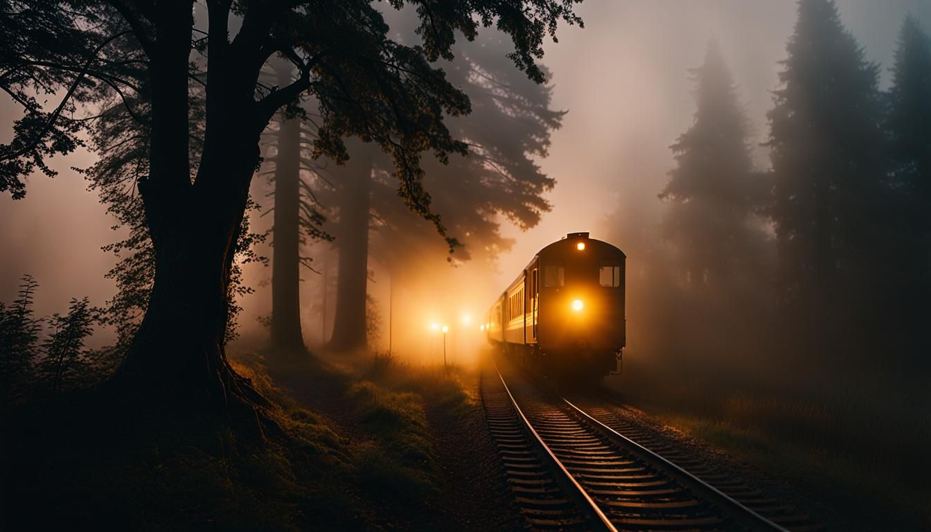 Ethereal Train Emerges from Misty Landscape
