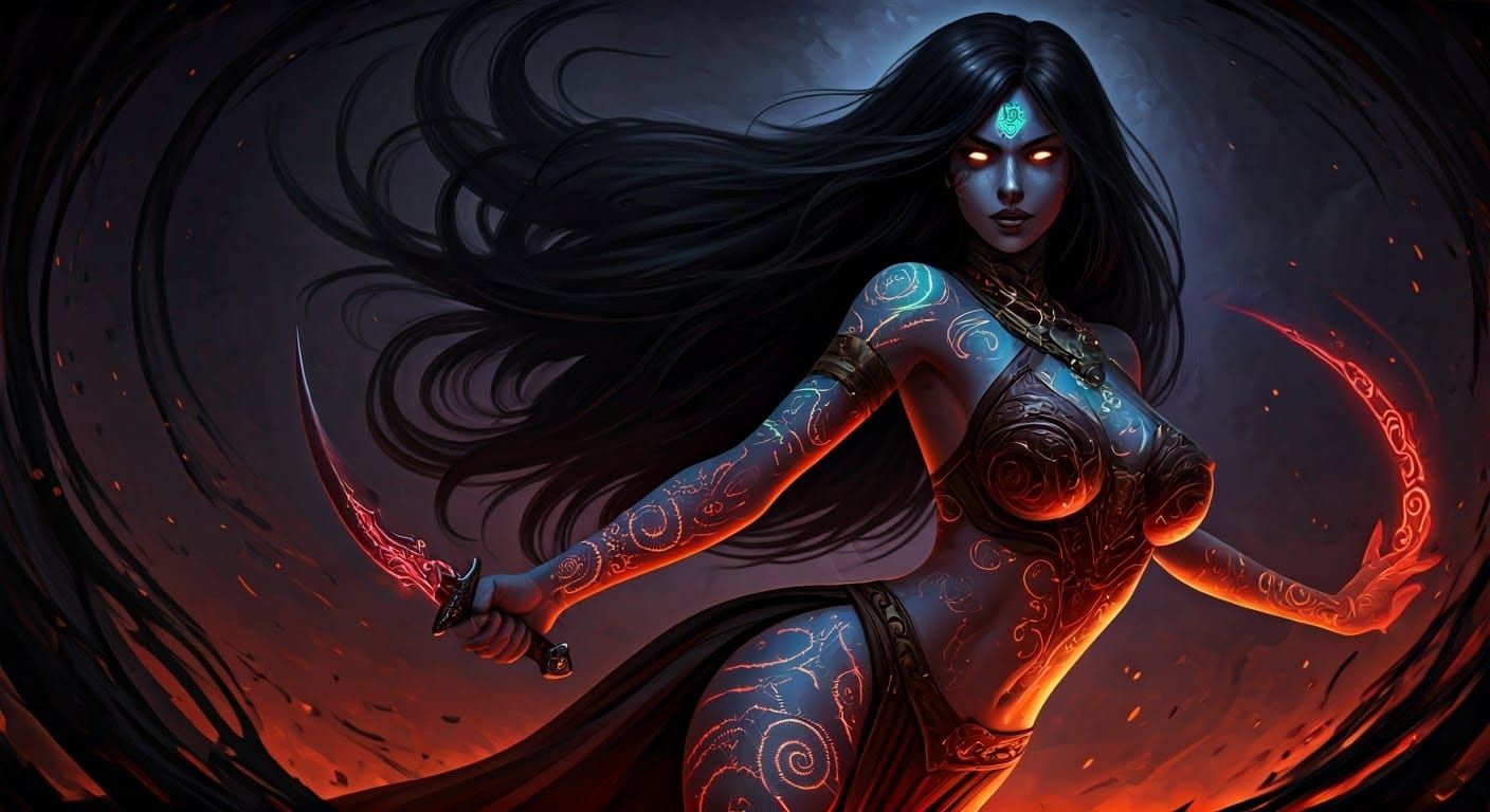 Mexican Witch with Mystical Tattoos, in Fantasy Horror Style