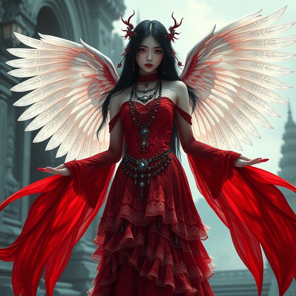 Ethereal Asian Girl in Gothic Red Dress with Wings