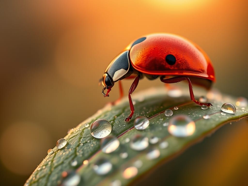 Ladybug on Dewy Leaf in Hyper-Realistic Macro Style