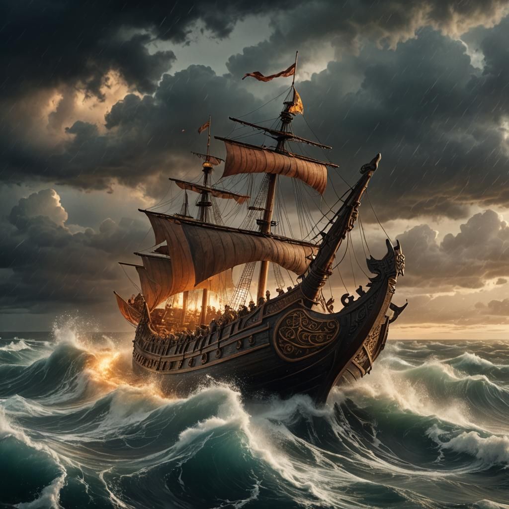 Viking Ship in Stormy Sea: Cinematic Fantasy Art
