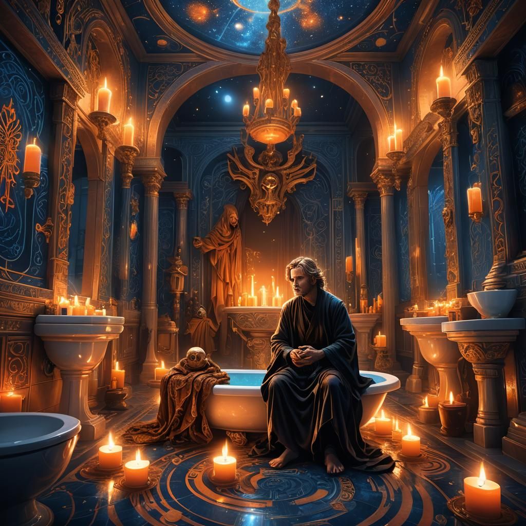 Jedi in Ornate Bathroom: Hyper-Realistic Digital Art