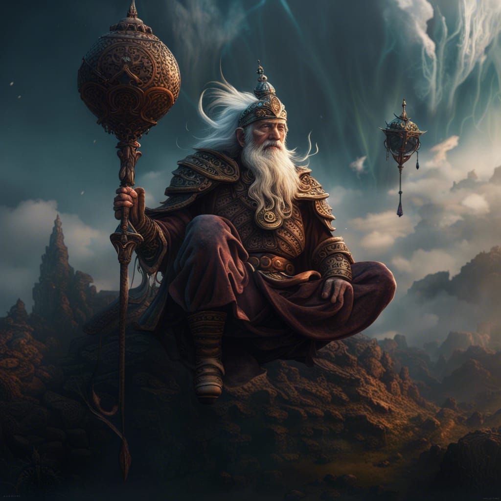 Meditating Old Warrior in Detailed Matte Painting