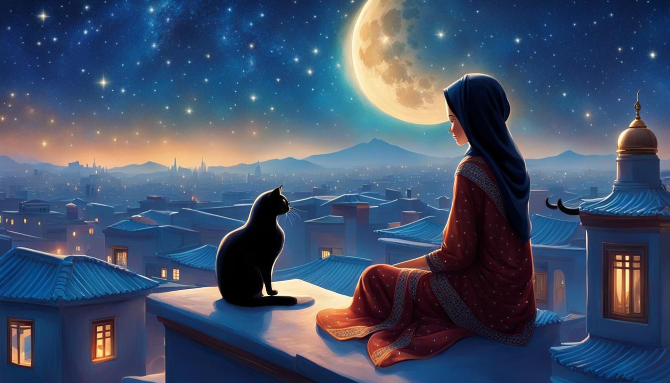 Arabian Girl Watching Stars in Oriental City
