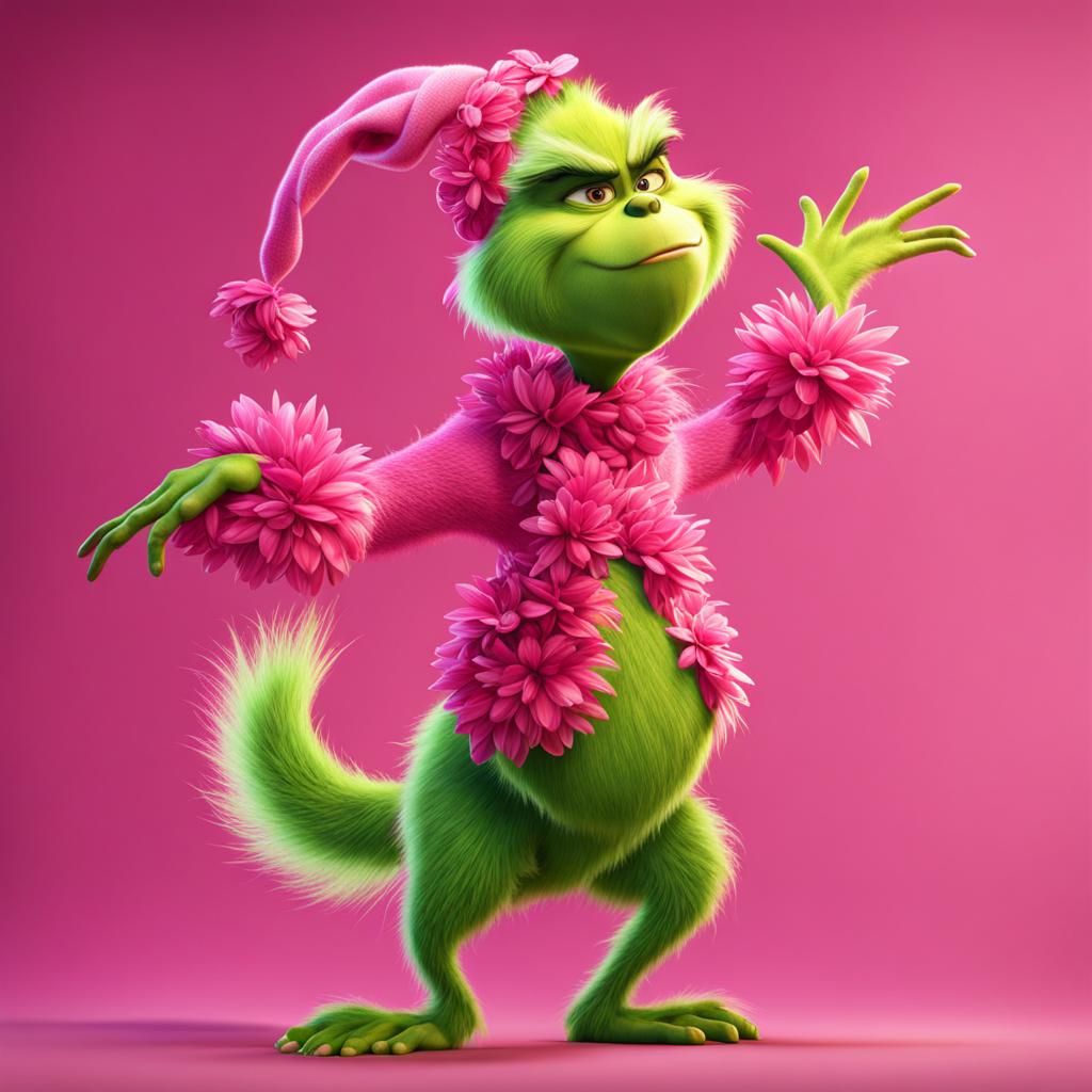 The Grinch Dancing with Pink Flowers in 3D